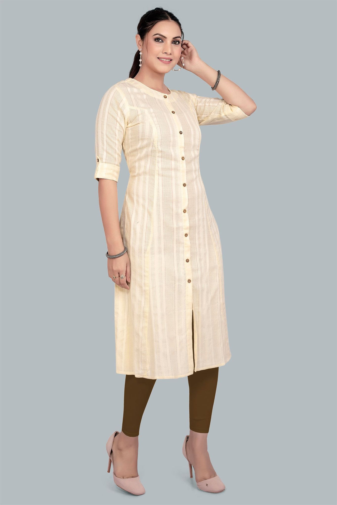 Cream Cotton A Line Kurta