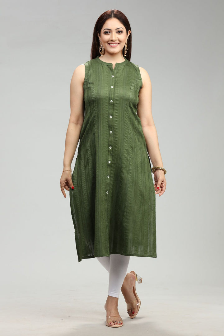 Bottle Green Cotton A Line Sleeveless Kurta