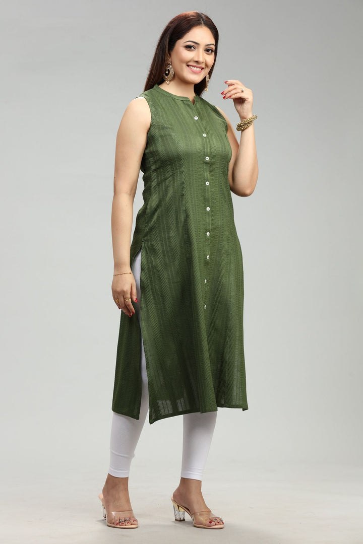 Bottle Green Cotton A Line Sleeveless Kurta