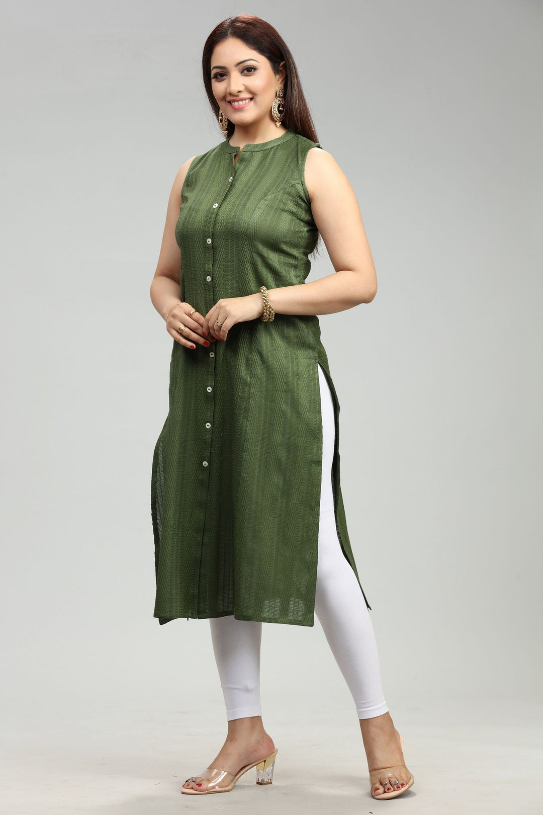 Bottle Green Cotton A Line Sleeveless Kurta