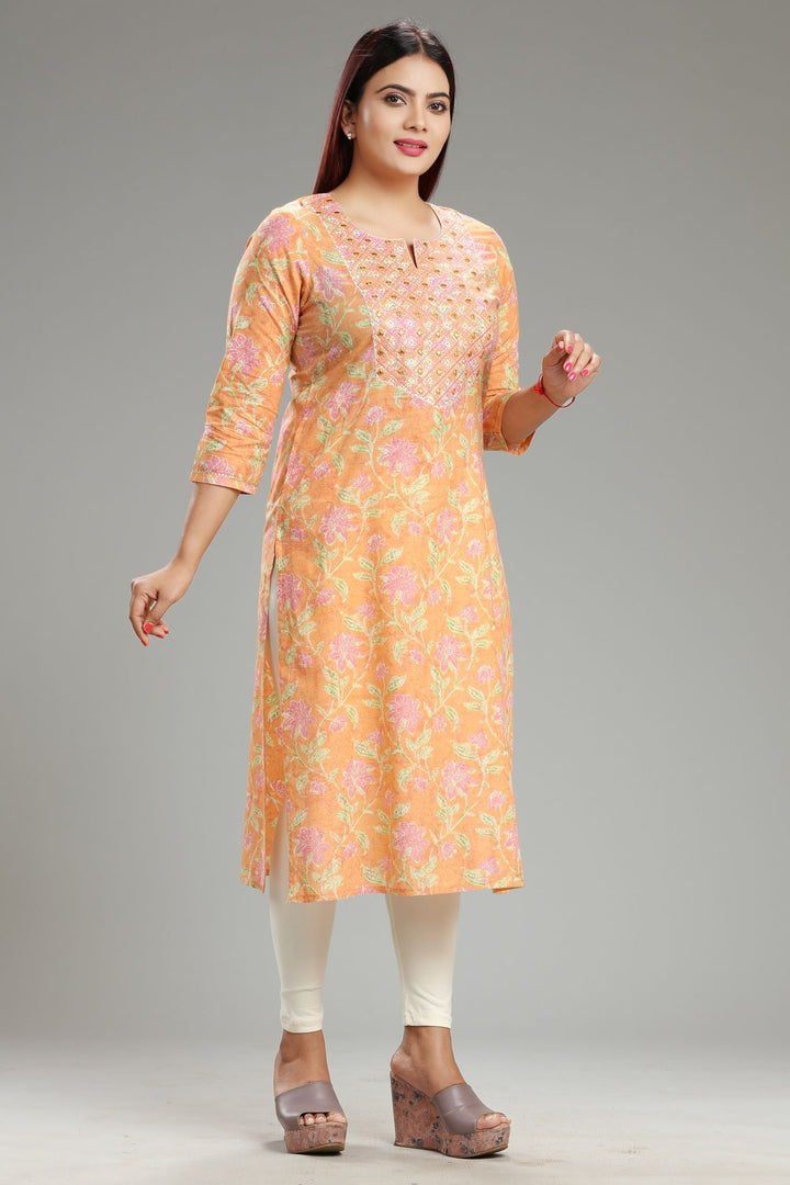 Orange Cotton Straight Embroidered Kurta