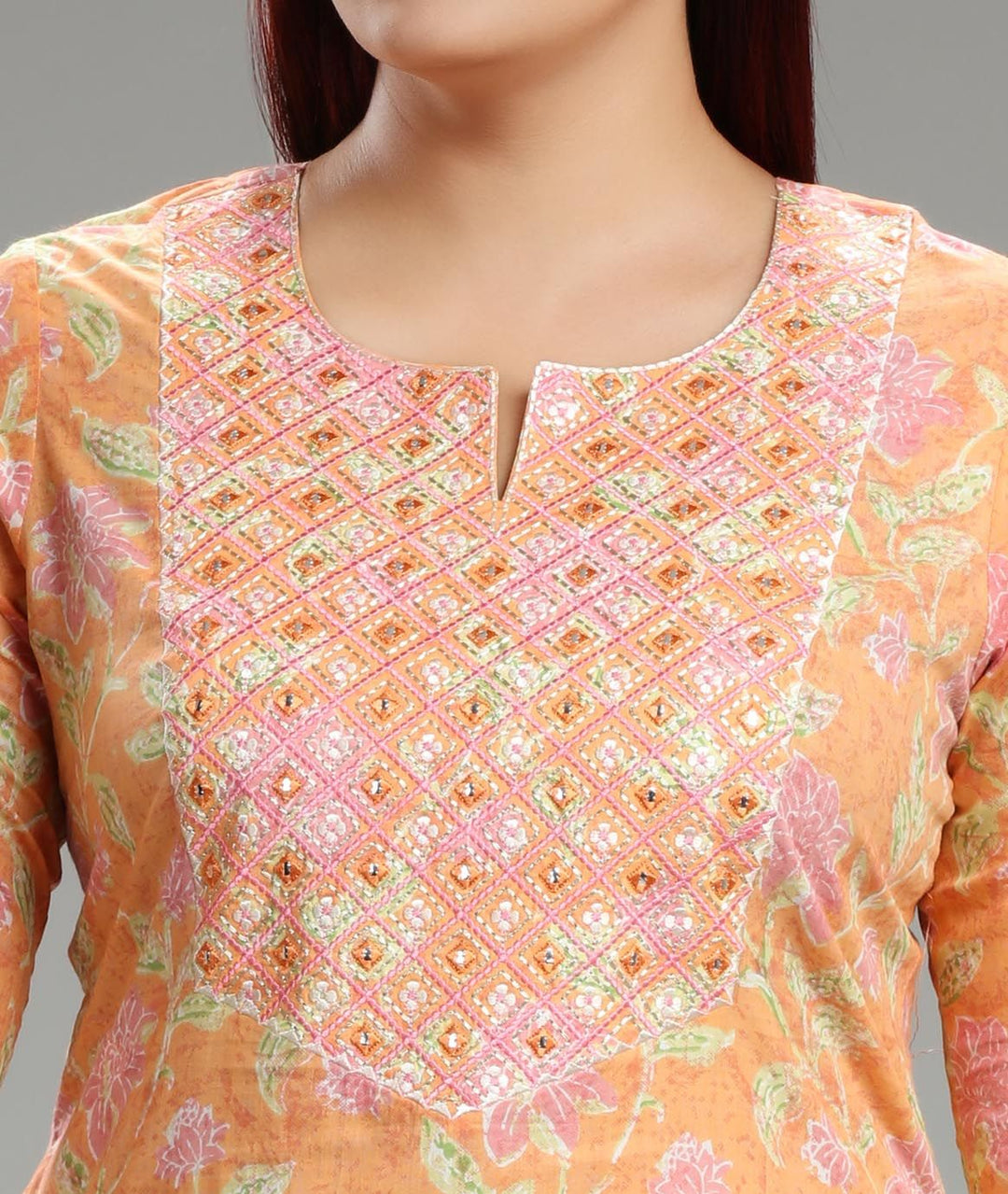 Orange Cotton Straight Embroidered Kurta