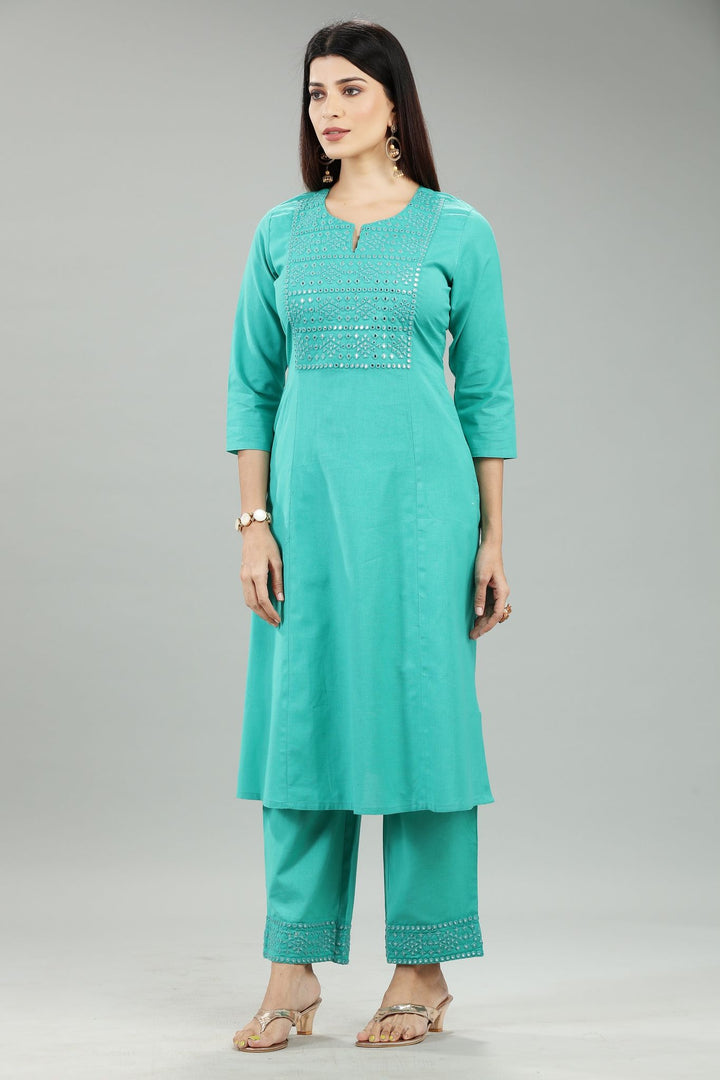 Teal Cotton Staight Embroidered Kurta Pant Set