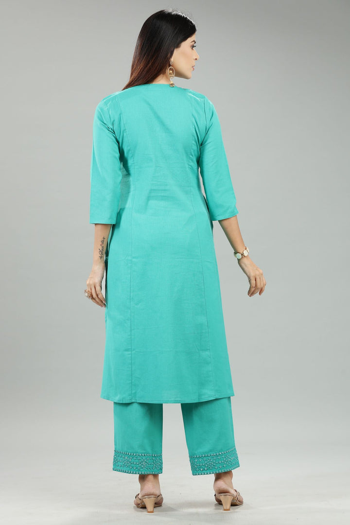 Teal Cotton Staight Embroidered Kurta Pant Set