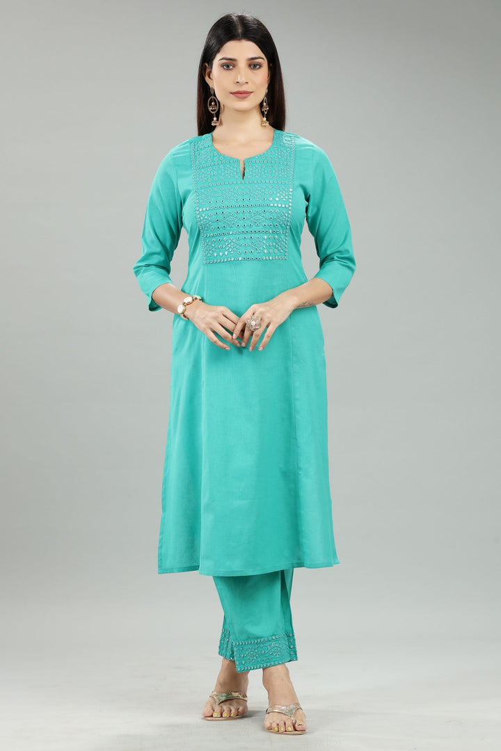 Teal Cotton Staight Embroidered Kurta Pant Set