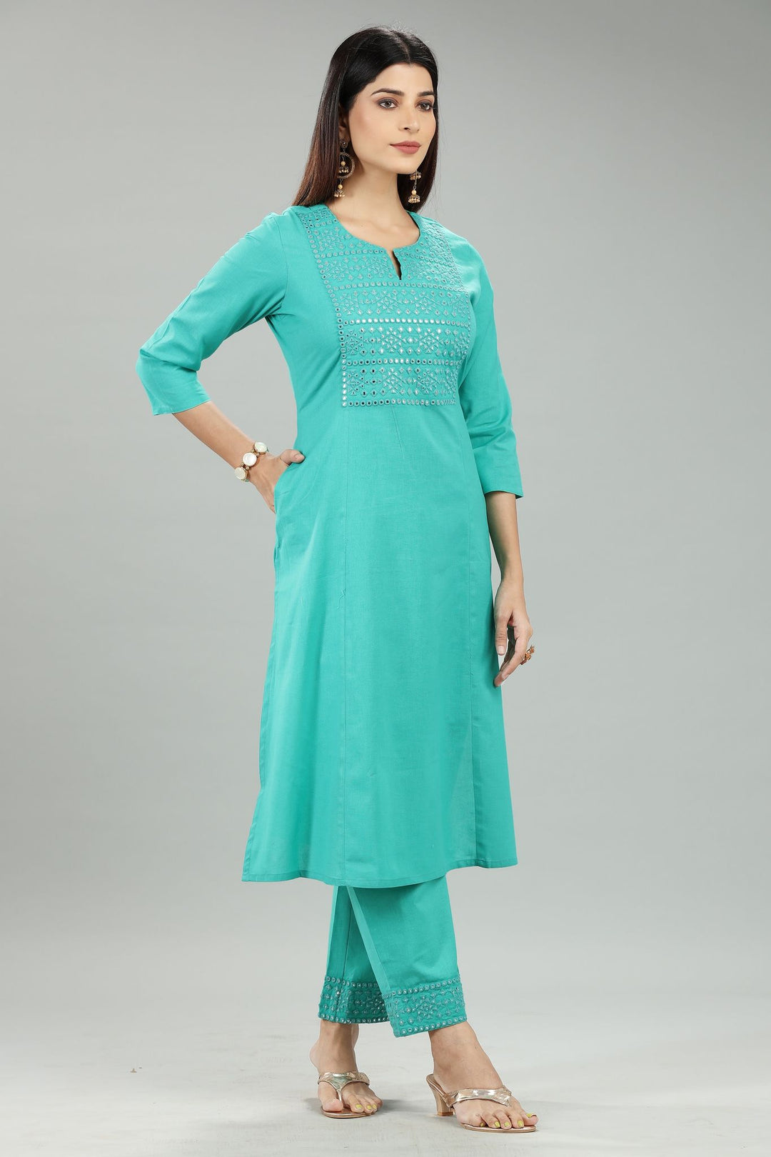 Teal Cotton Staight Embroidered Kurta Pant Set