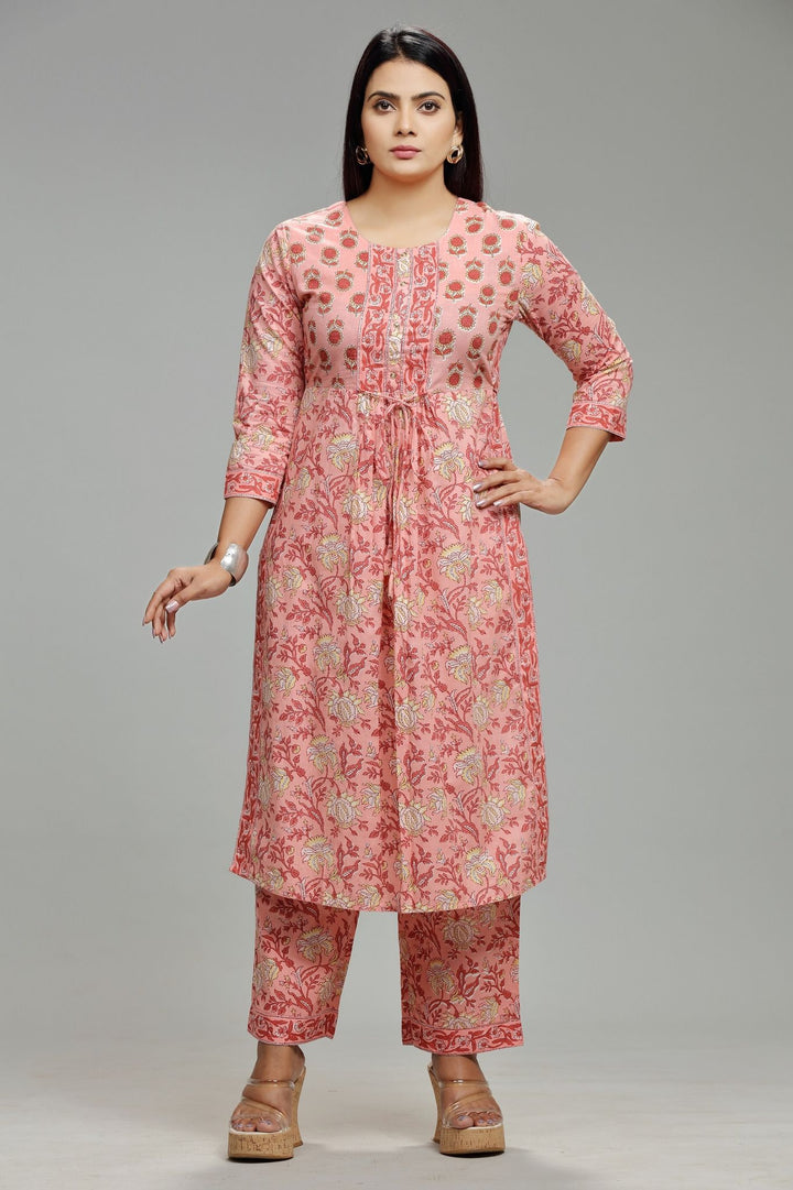 Light Pink Cotton Printed Kurta With Pant Set