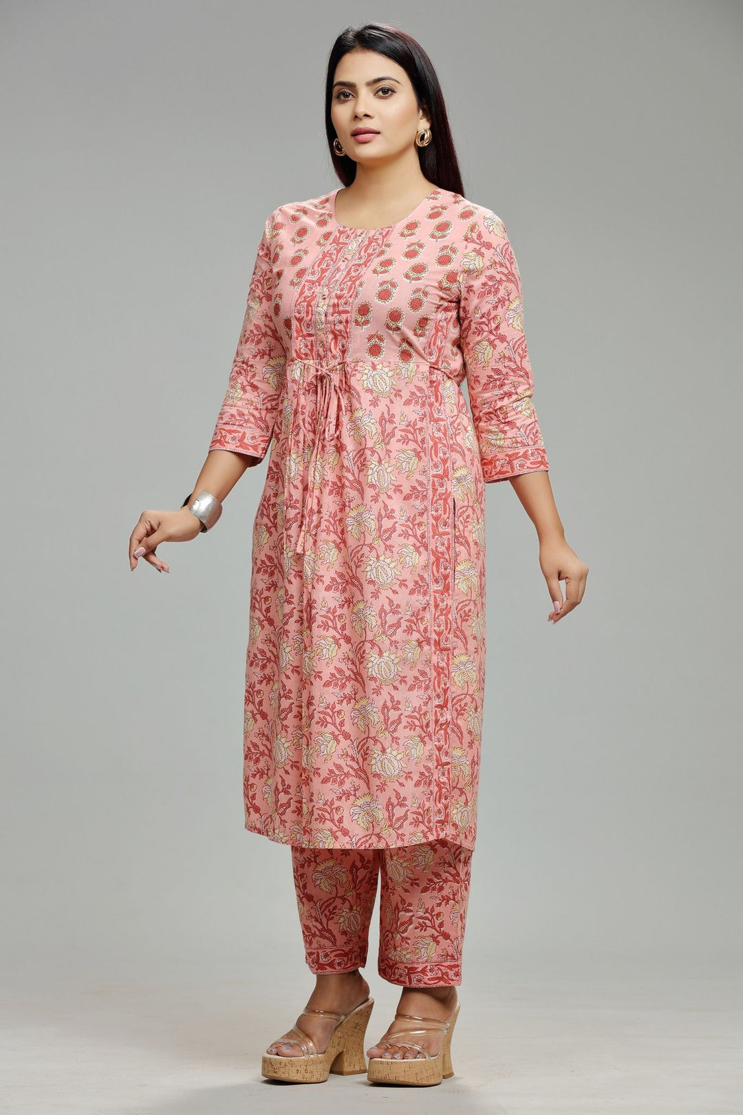 Light Pink Cotton Printed Kurta With Pant Set