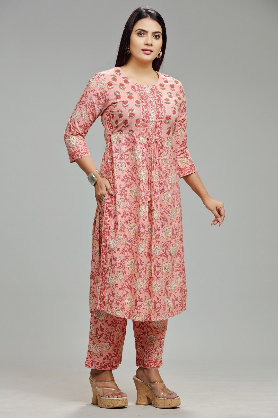 Light Pink Cotton Printed Kurta With Pant Set