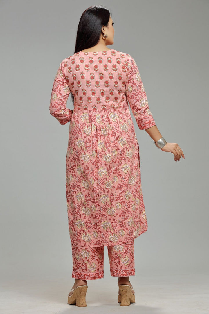 Light Pink Cotton Printed Kurta With Pant Set