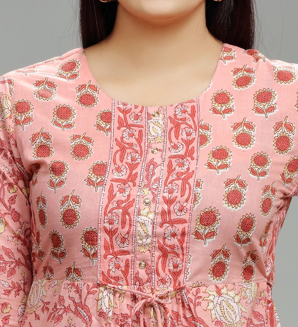 Light Pink Cotton Printed Kurta With Pant Set