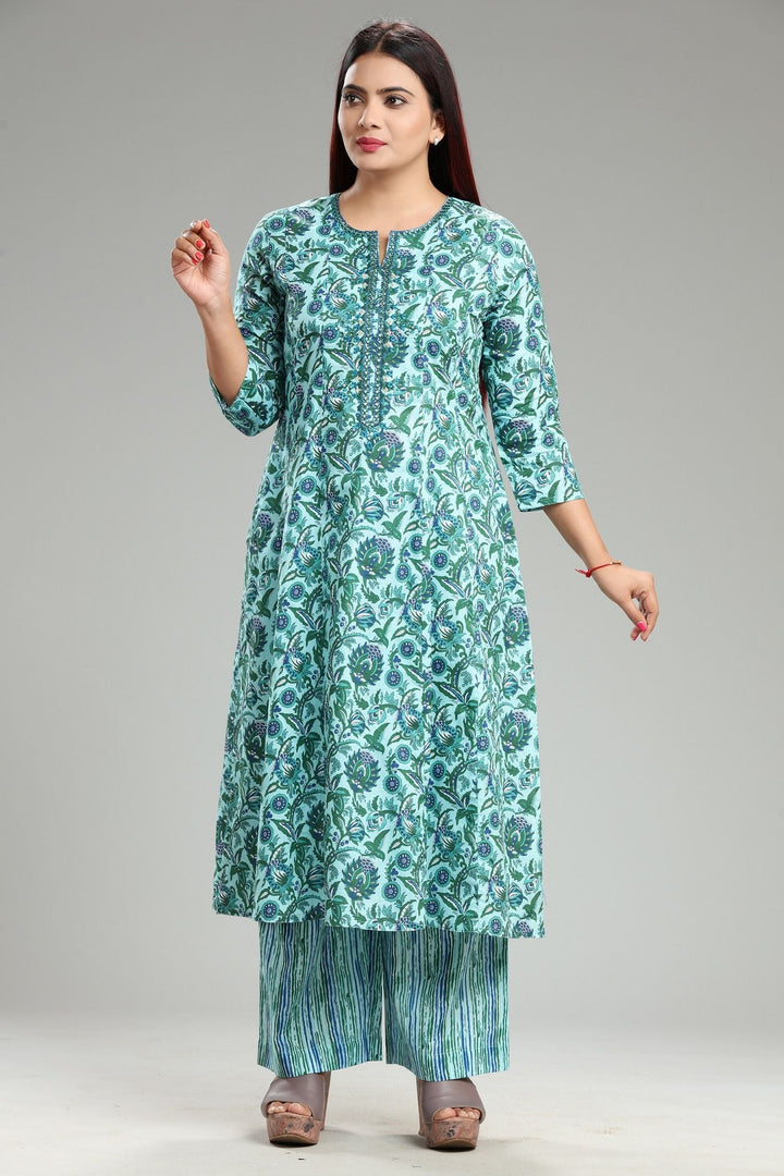 Natiksha Rama Green Cotton Kurta With Pant Set