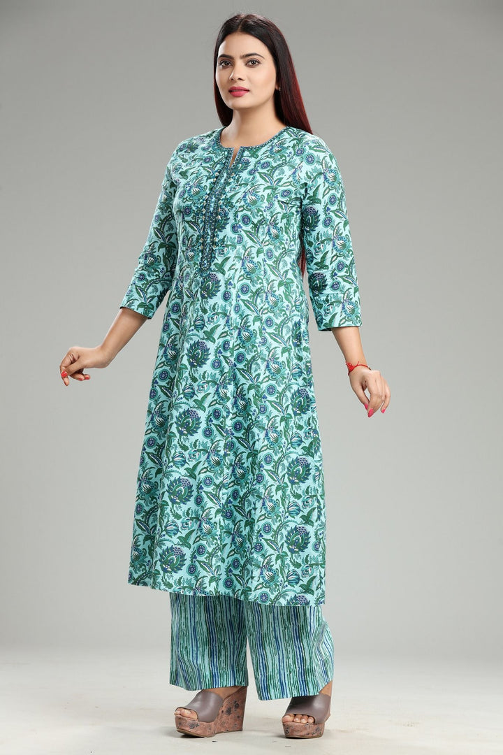 Natiksha Rama Green Cotton Kurta With Pant Set