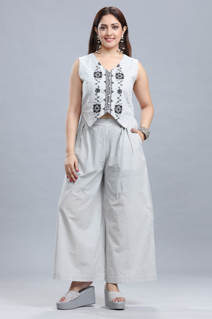 White Cotton Embroidered Tunic Pant Co-Ord Set