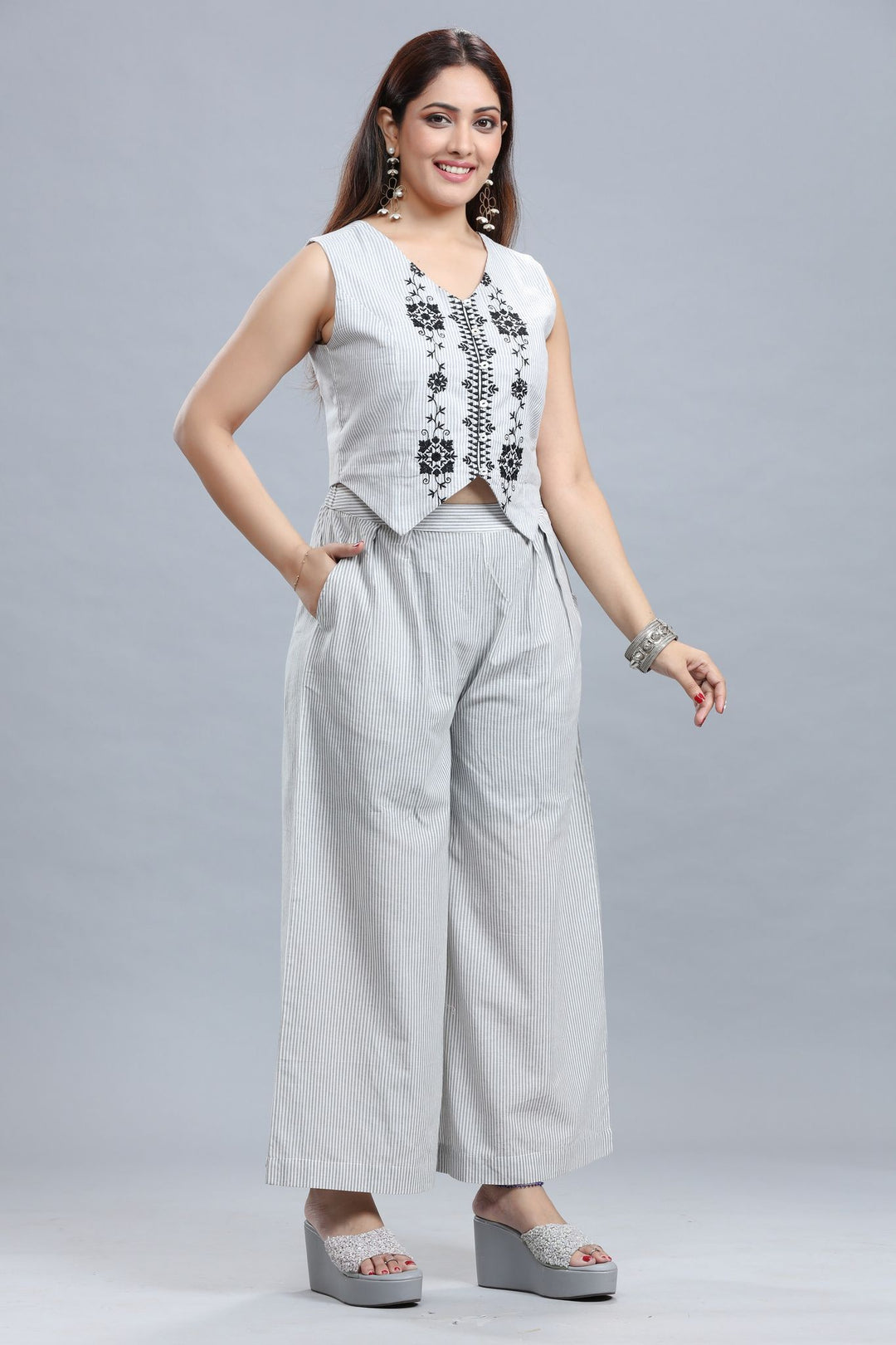 White Cotton Embroidered Tunic Pant Co-Ord Set