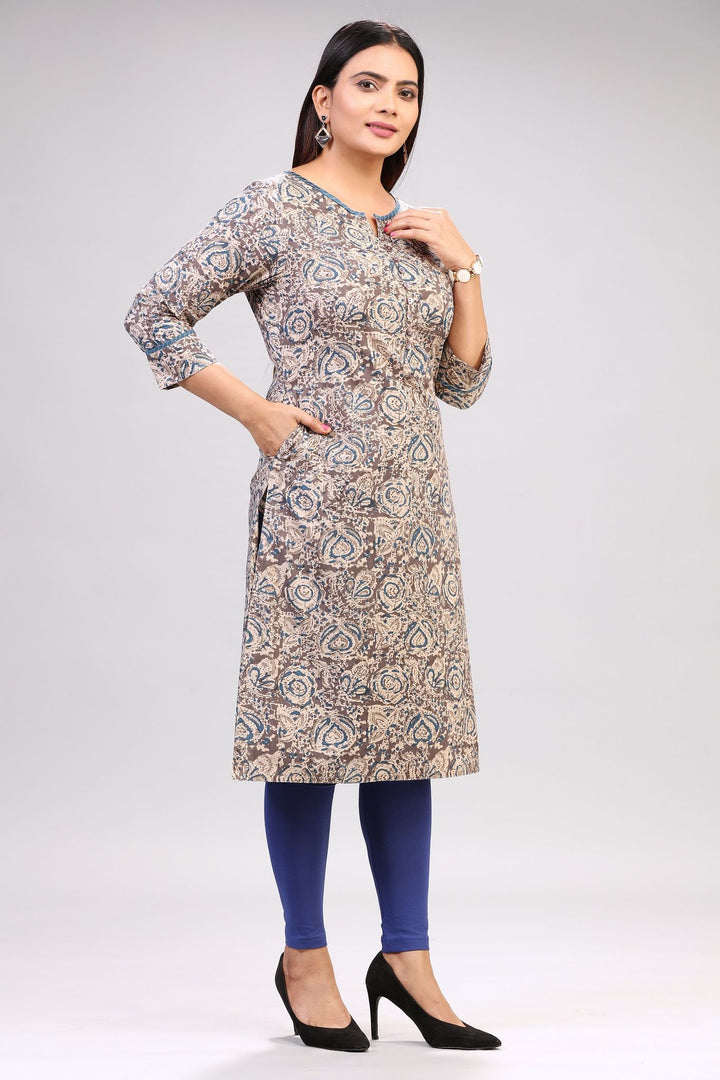 Gray Cotton Straight Printed Kurta