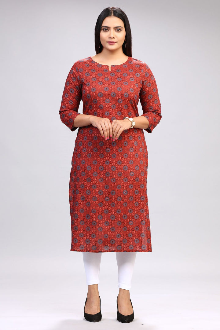 Rust Cotton Straight Printed Kurta