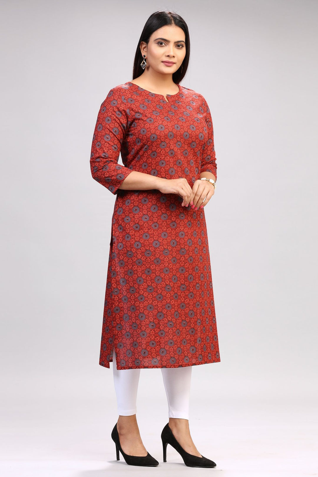 Rust Cotton Straight Printed Kurta