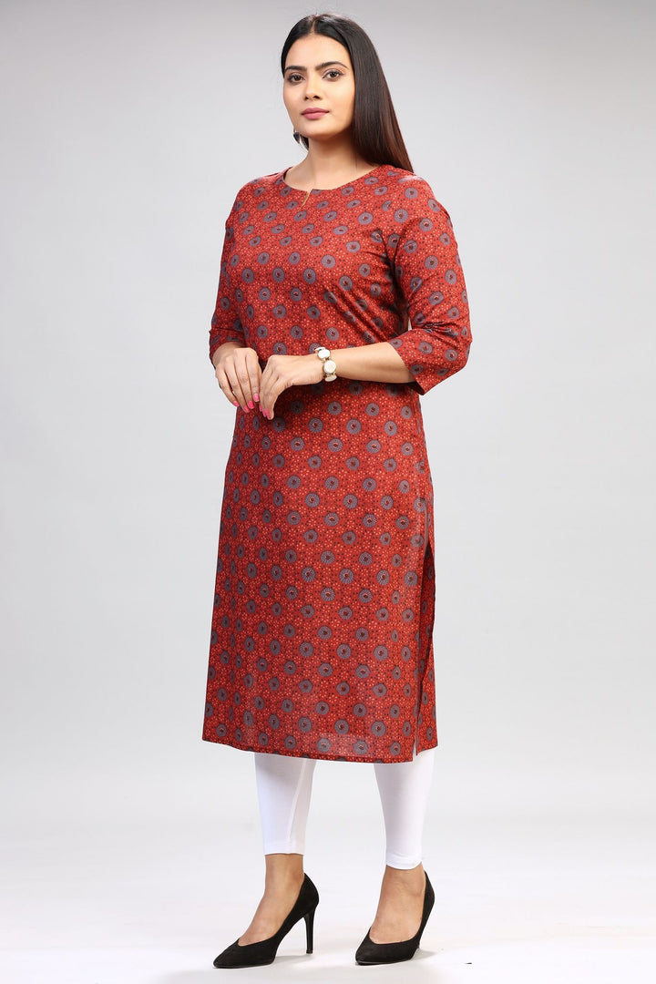 Rust Cotton Straight Printed Kurta