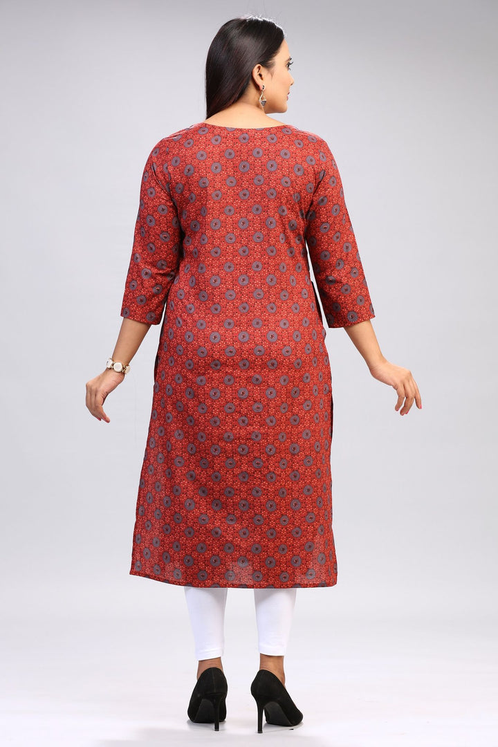 Rust Cotton Straight Printed Kurta