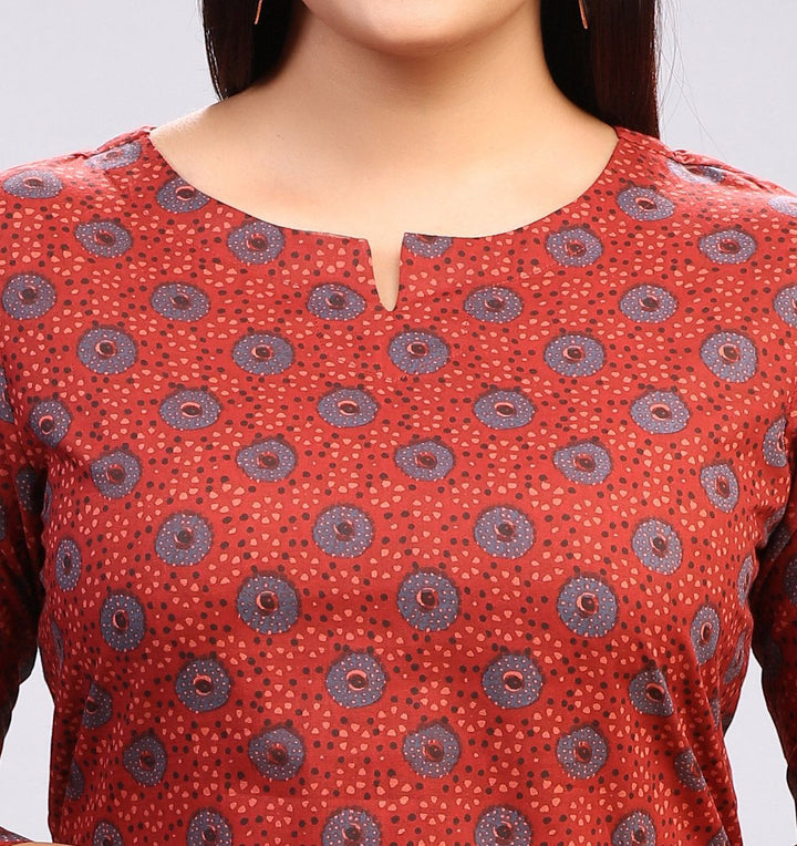 Rust Cotton Straight Printed Kurta