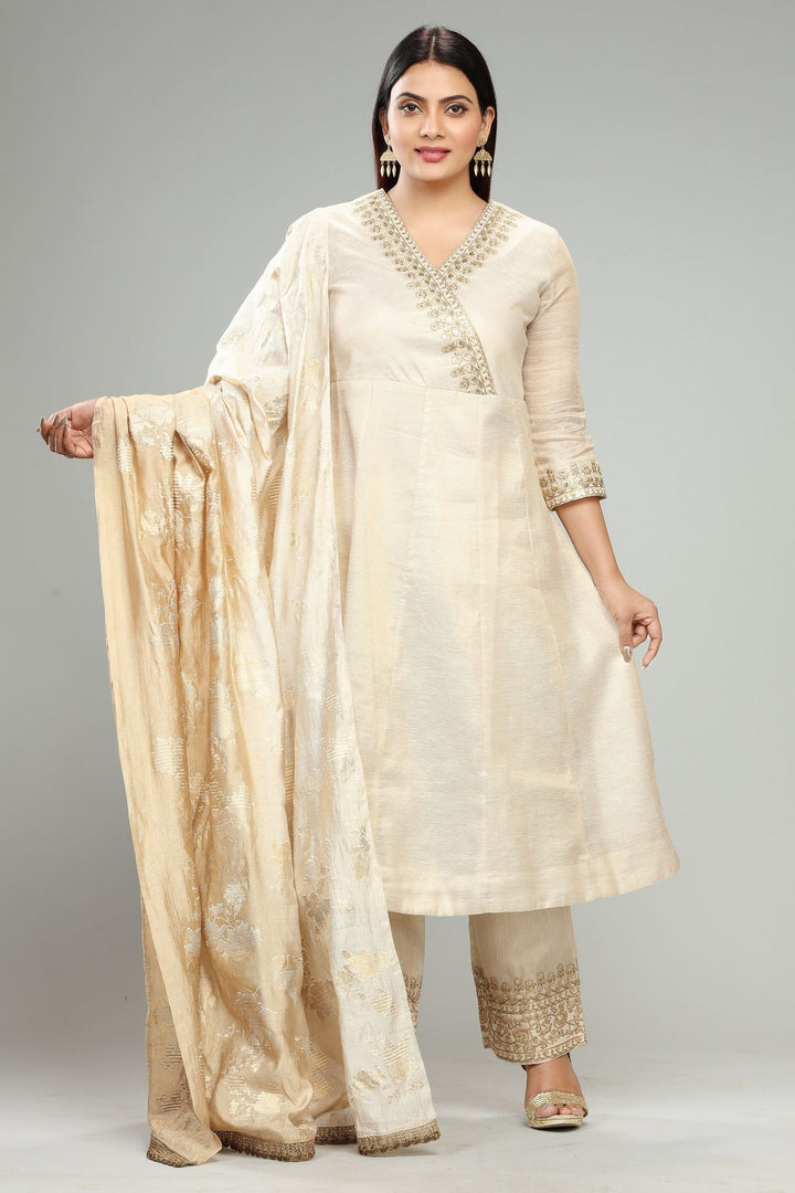 Cream Linen Tissue A Line Embroidered Kurta Pant Suit Set