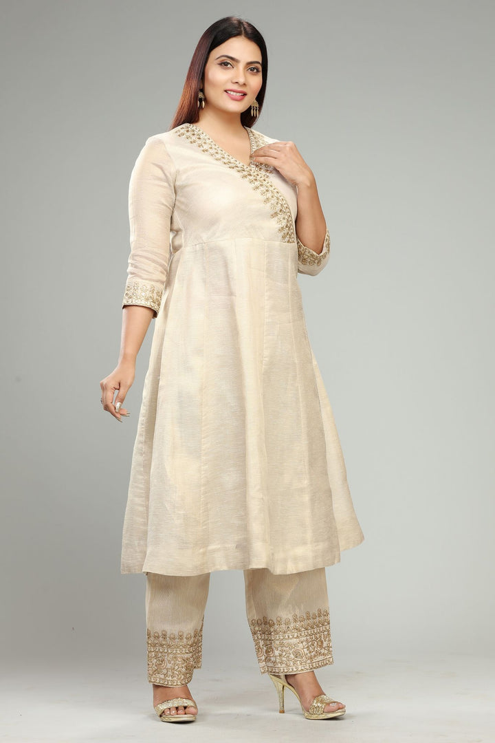 Cream Linen Tissue A Line Embroidered Kurta Pant Suit Set