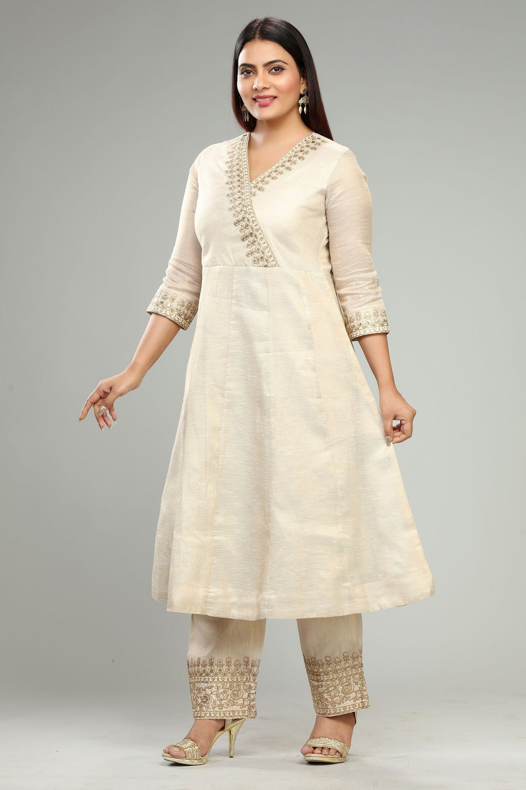 Cream Linen Tissue A Line Embroidered Kurta Pant Suit Set