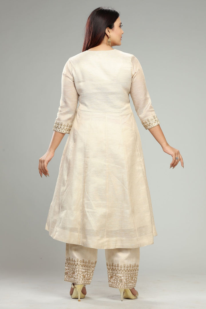 Cream Linen Tissue A Line Embroidered Kurta Pant Suit Set