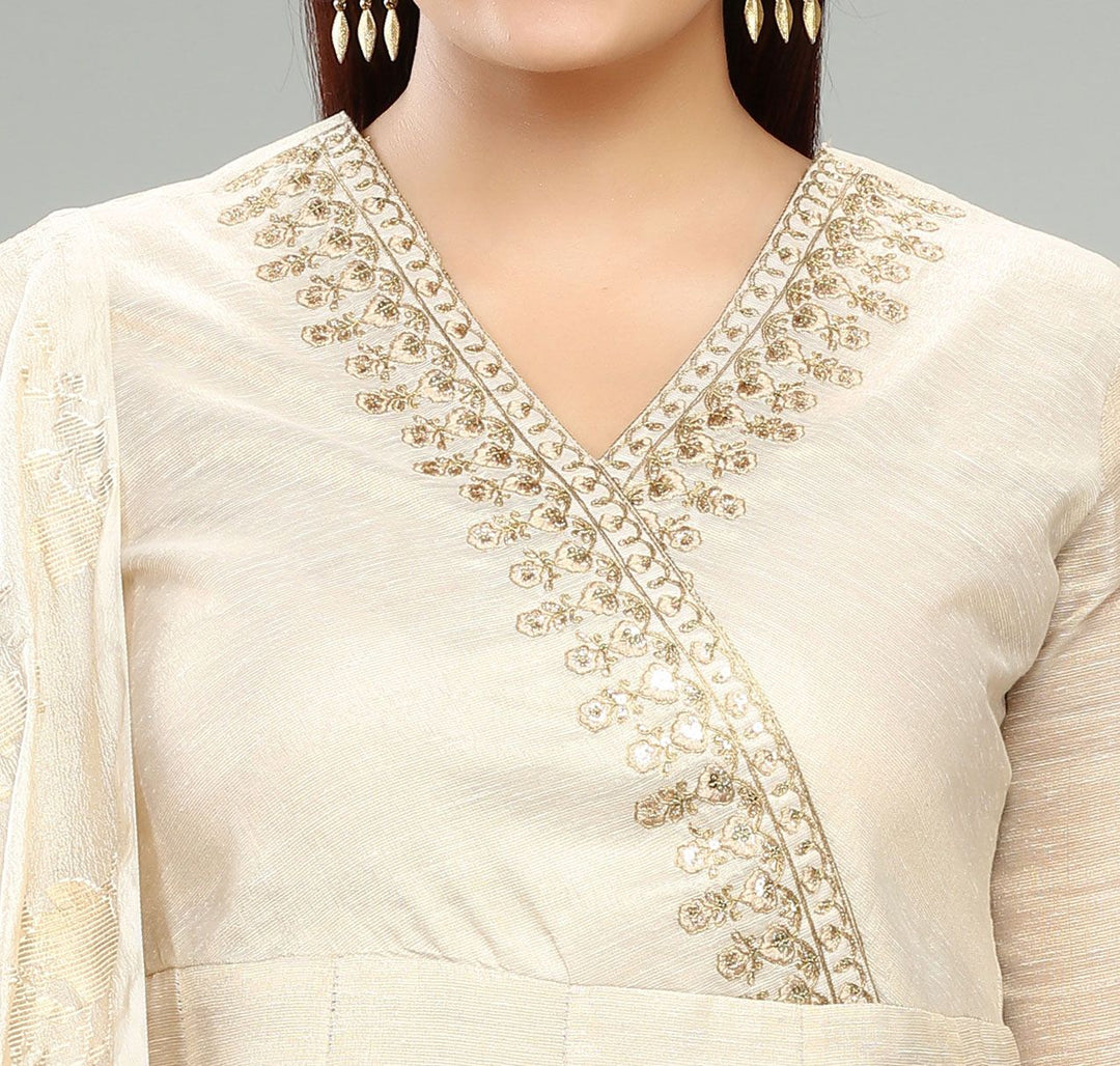 Cream Linen Tissue A Line Embroidered Kurta Pant Suit Set