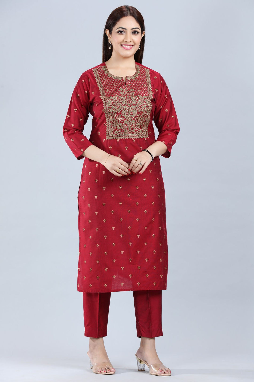 Nilam Maroon Cotton Silk Embroidered Suit Set