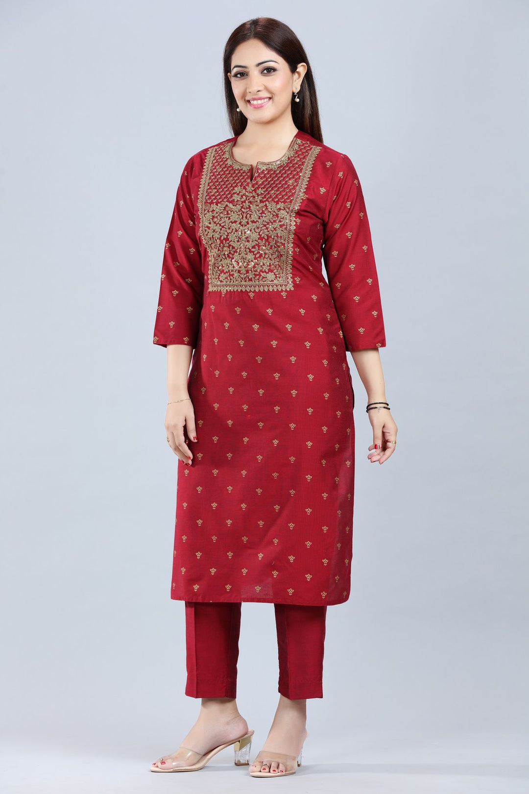 Nilam Maroon Cotton Silk Embroidered Suit Set