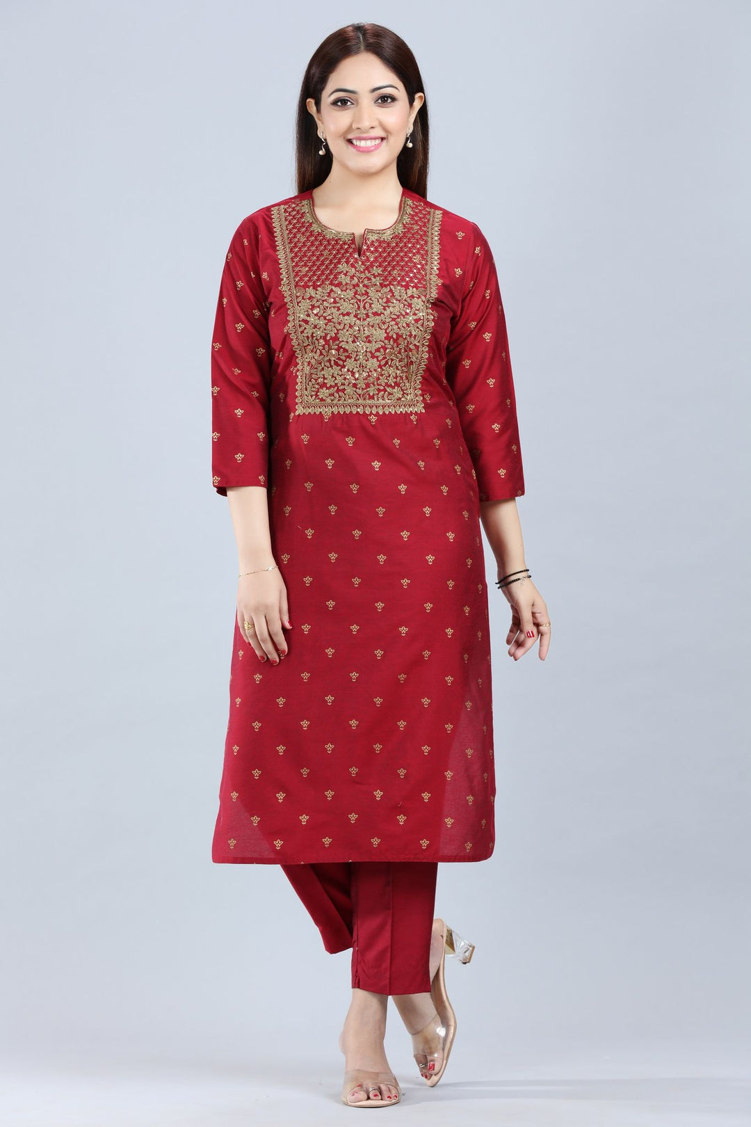 Nilam Maroon Cotton Silk Embroidered Suit Set