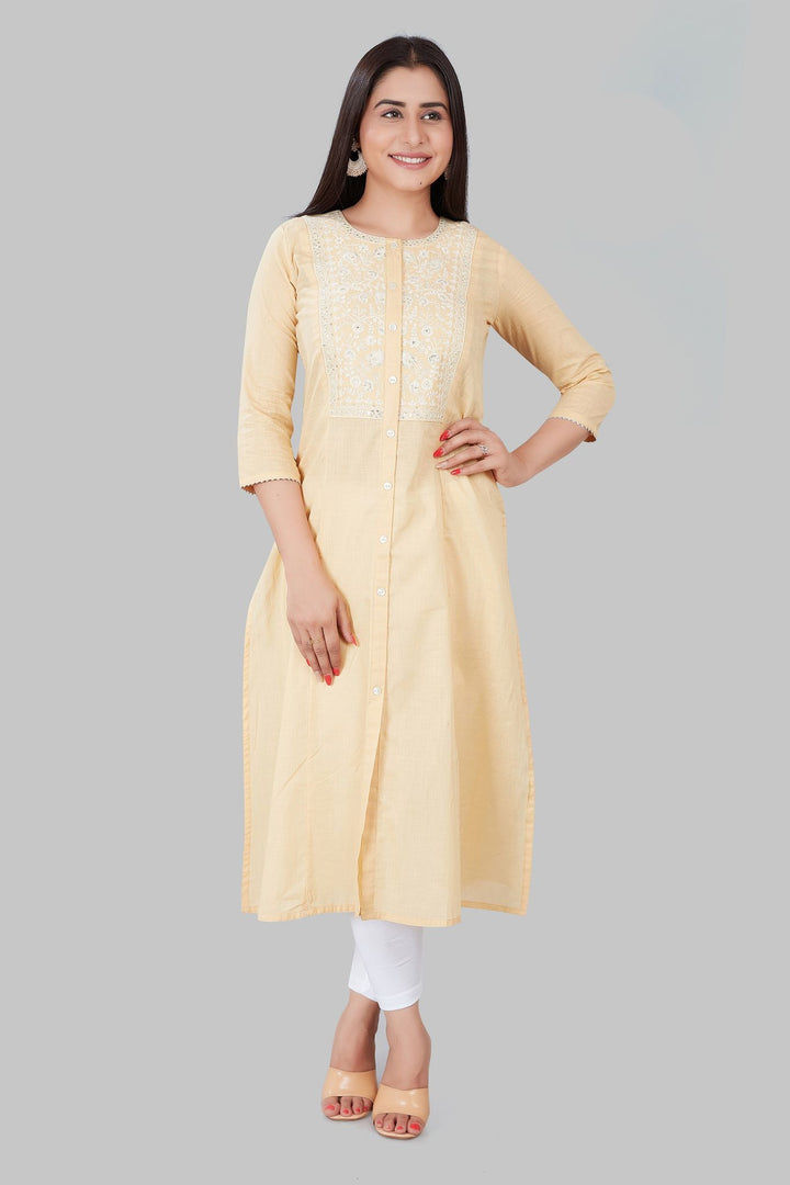 Beige Cotton A-Line Embroidered Kurta