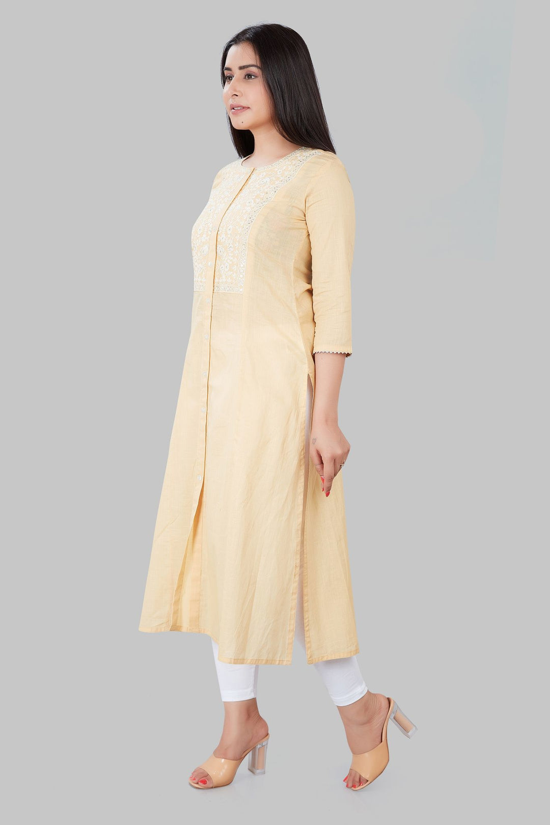 Beige Cotton A-Line Embroidered Kurta