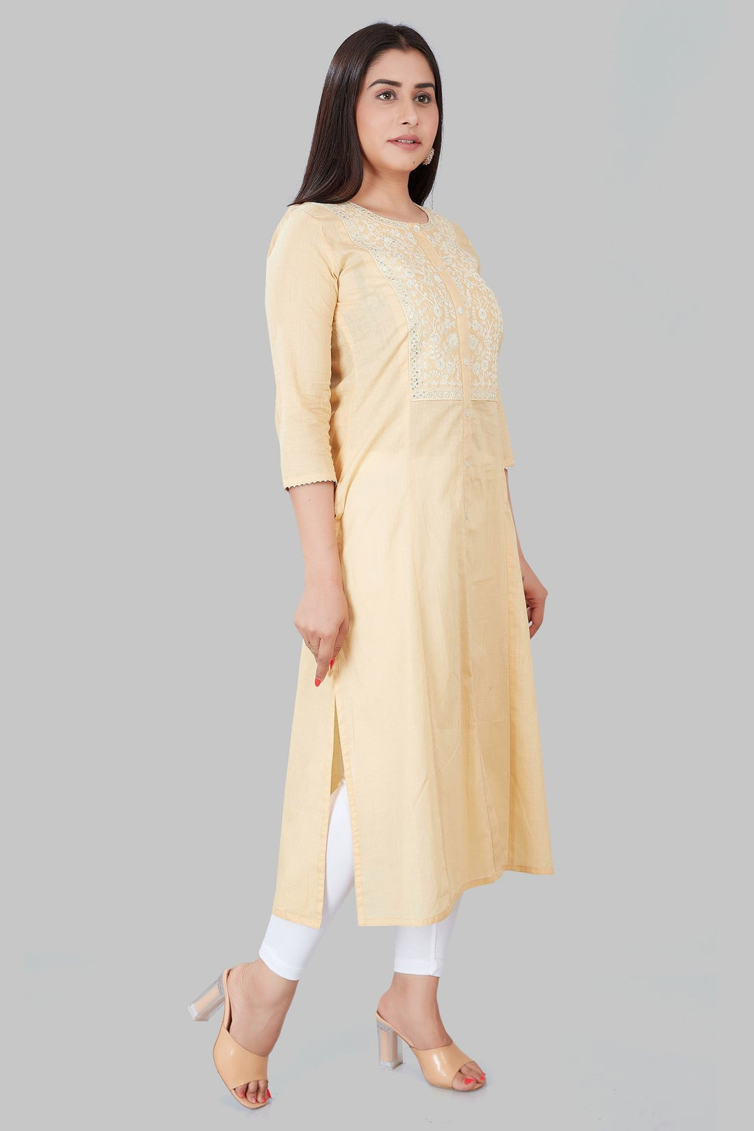 Beige Cotton A-Line Embroidered Kurta