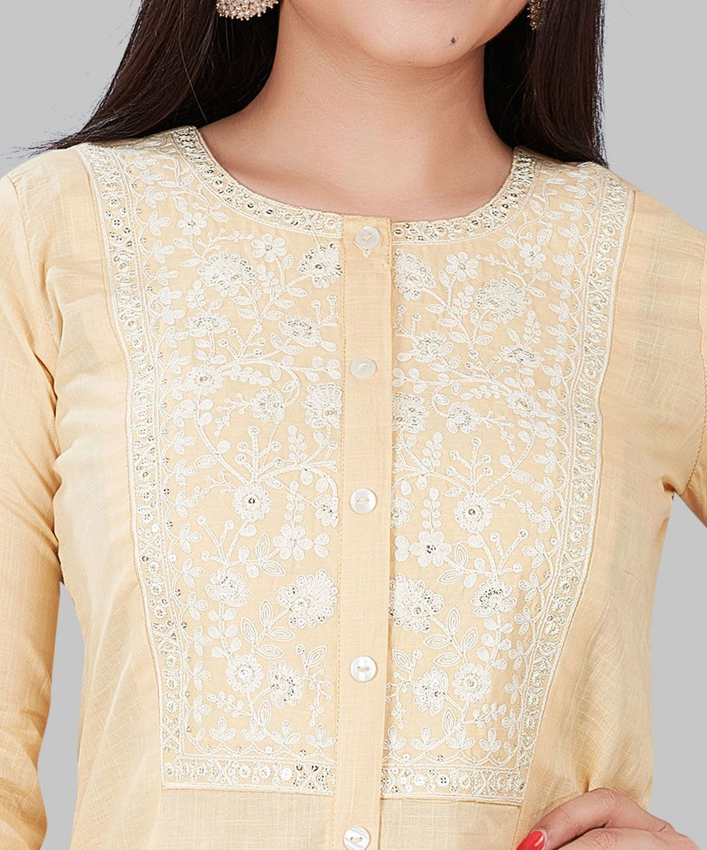 Beige Cotton A-Line Embroidered Kurta