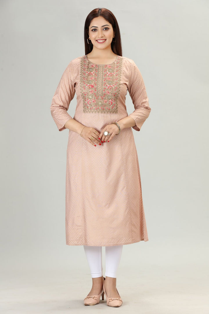 Peach Cotton Silk Embroidered Straight Kurta