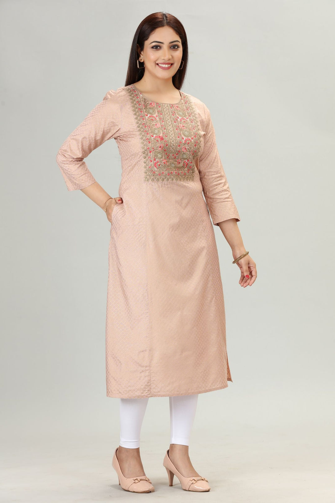 Peach Cotton Silk Embroidered Straight Kurta