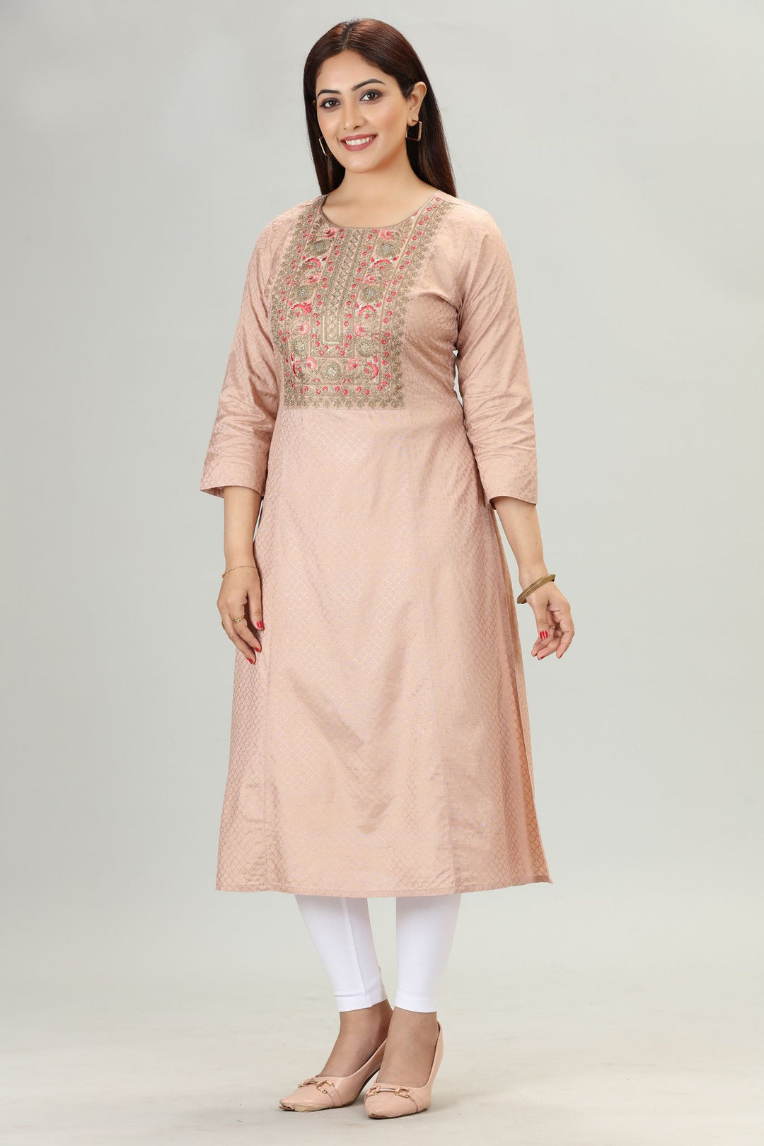 Peach Cotton Silk Embroidered Straight Kurta