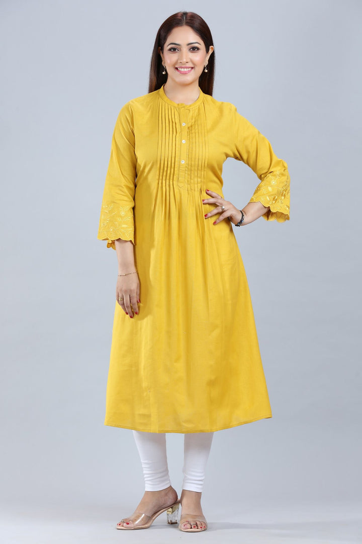 Mustard Cotton A-Line Pintex Kurta