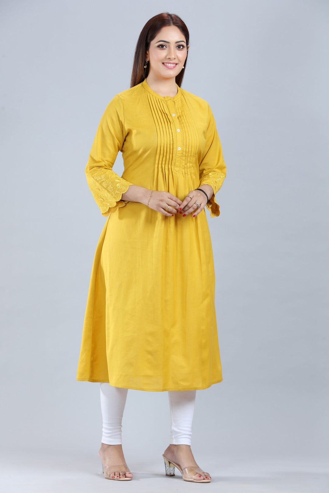 Mustard Cotton A-Line Pintex Kurta