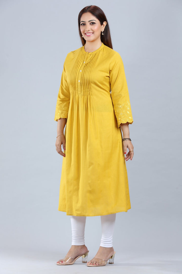 Mustard Cotton A-Line Pintex Kurta