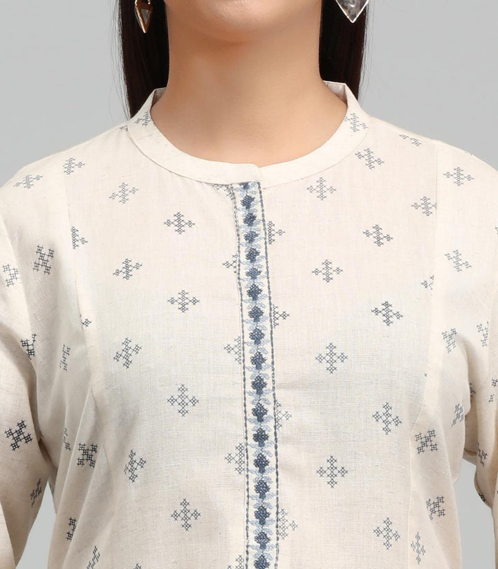 Cream Cotton A Line Yarndyed Kurta