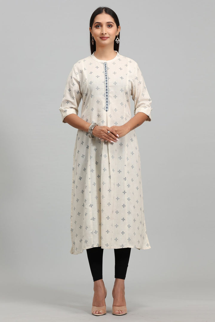 Cream Cotton A Line Yarndyed Kurta