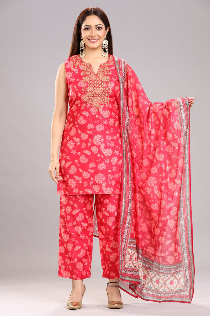 Pearl Pink Chanderi Straight Embroidered Kurta Pant Suit Set