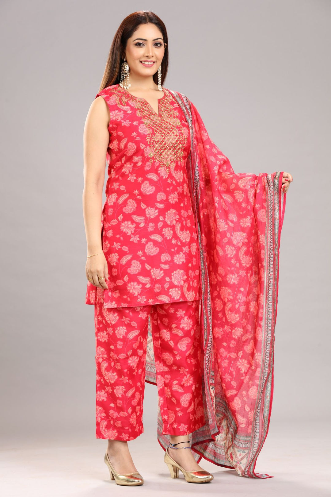 Pearl Pink Chanderi Straight Embroidered Kurta Pant Suit Set