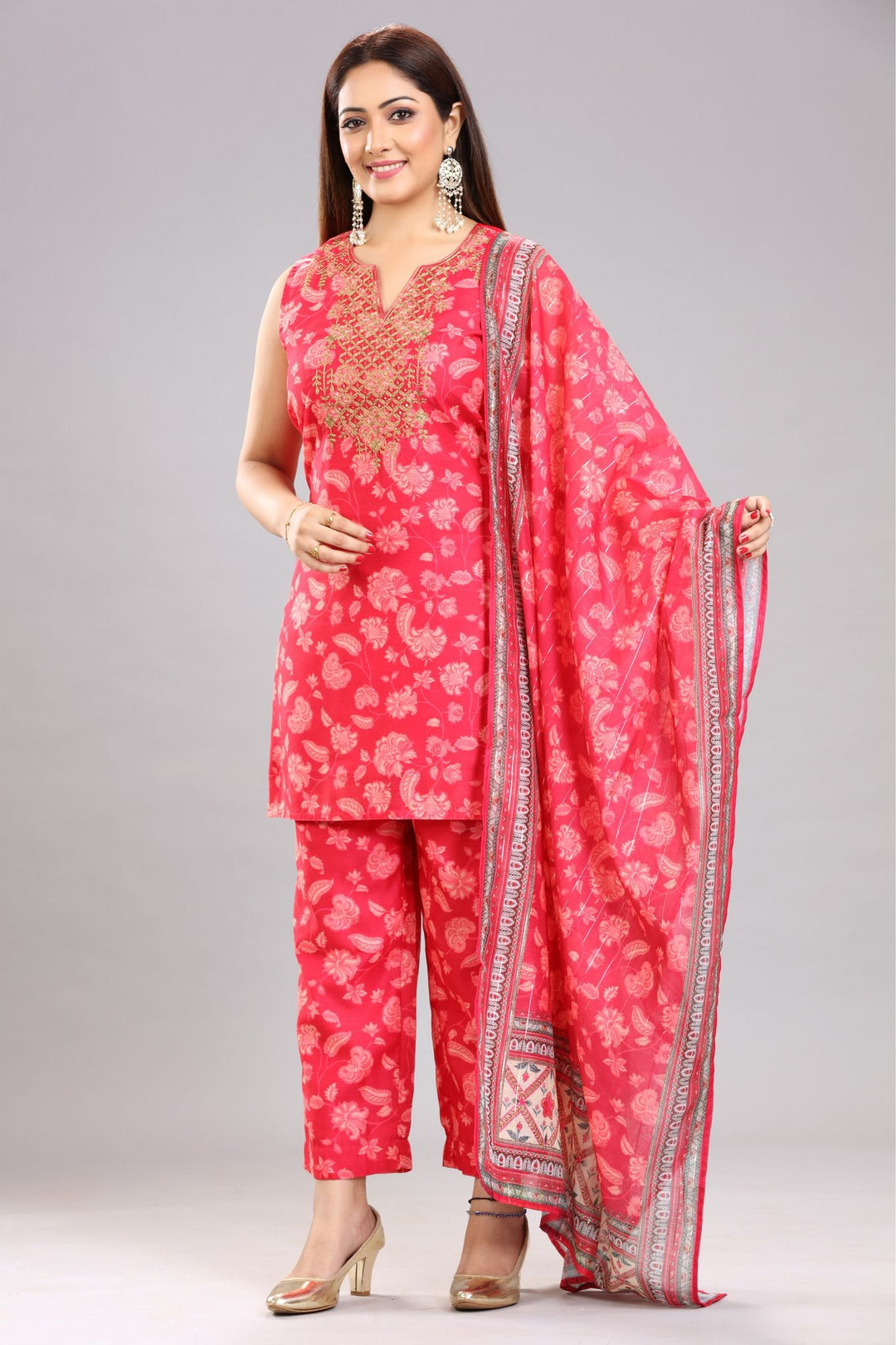 Pearl Pink Chanderi Straight Embroidered Kurta Pant Suit Set