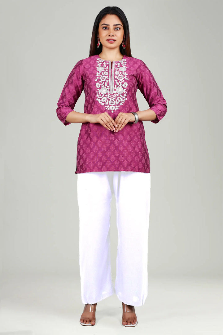 Light Purple PolySilk Straight Embroidered Short Kurta