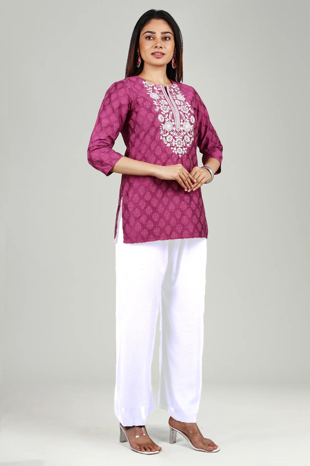 Light Purple PolySilk Straight Embroidered Short Kurta